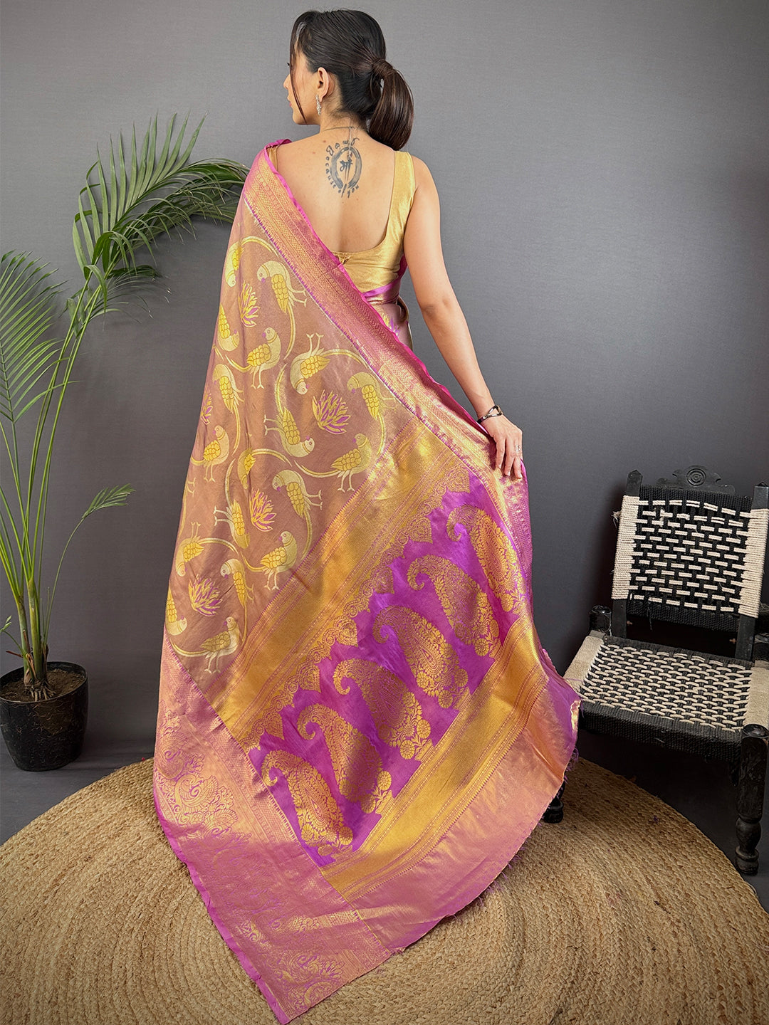 Light Wine Dharmavaram Gold Birds Print Saree by My Store