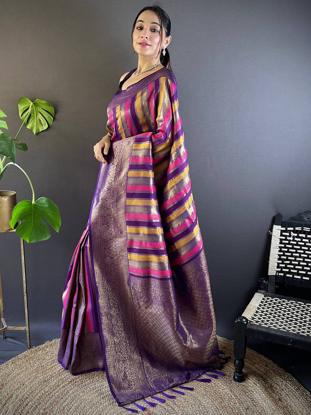 Radiant Stripes Banarasi Silk Saree by My Store