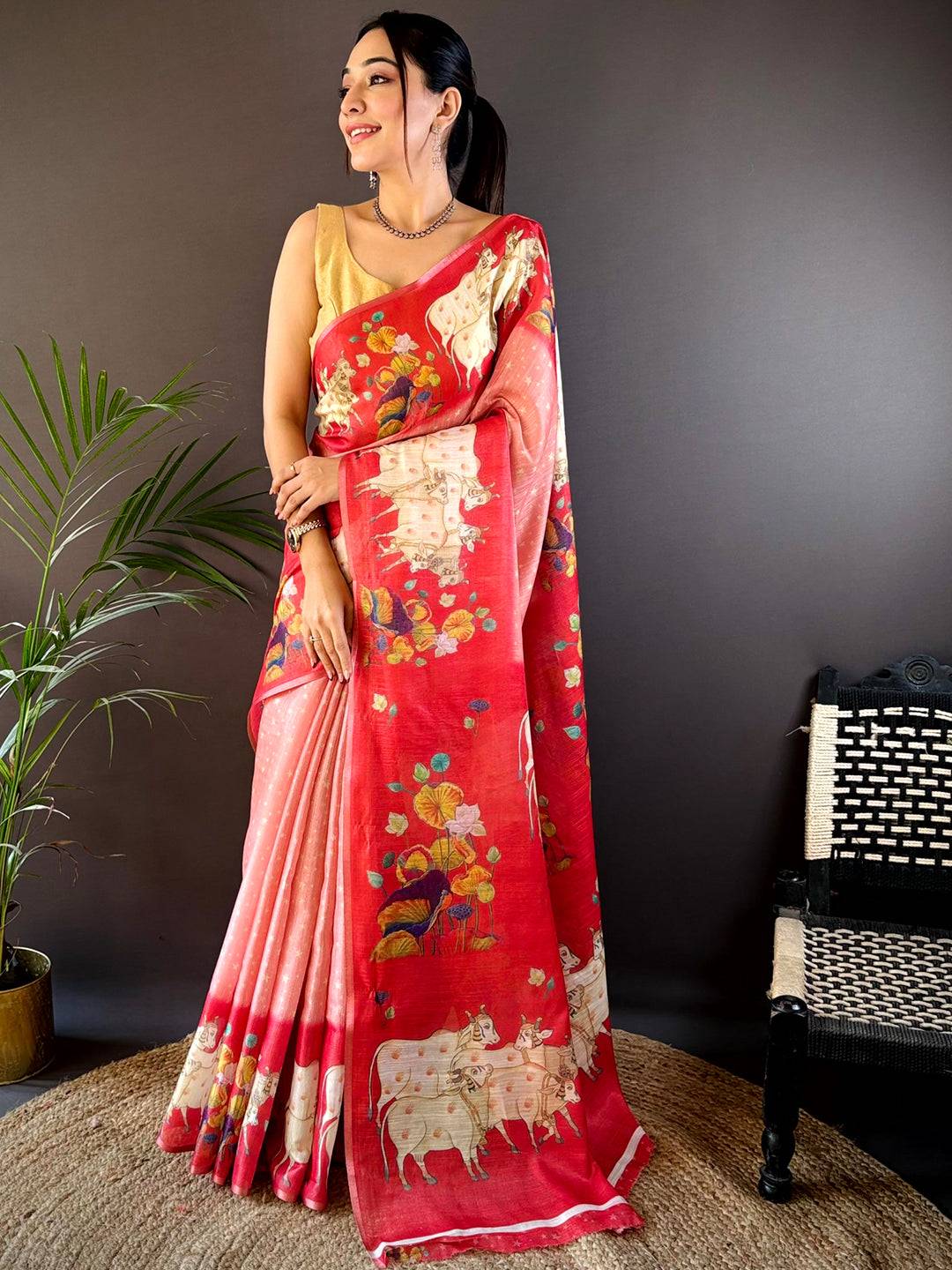 Red Chanderi Pichwai Print Saree by My Store
