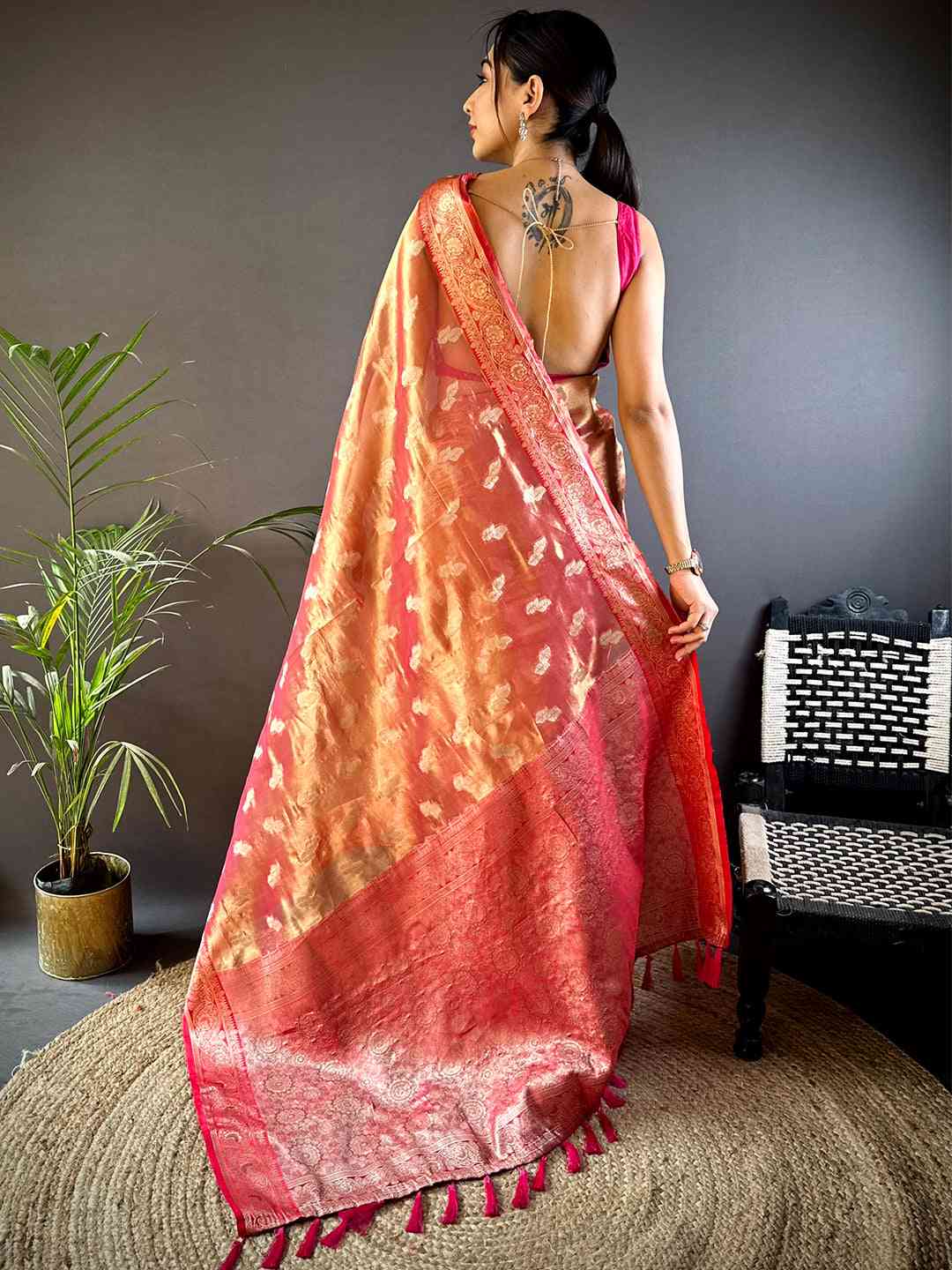 Radiant Red Kora Tissue Saree by My Store