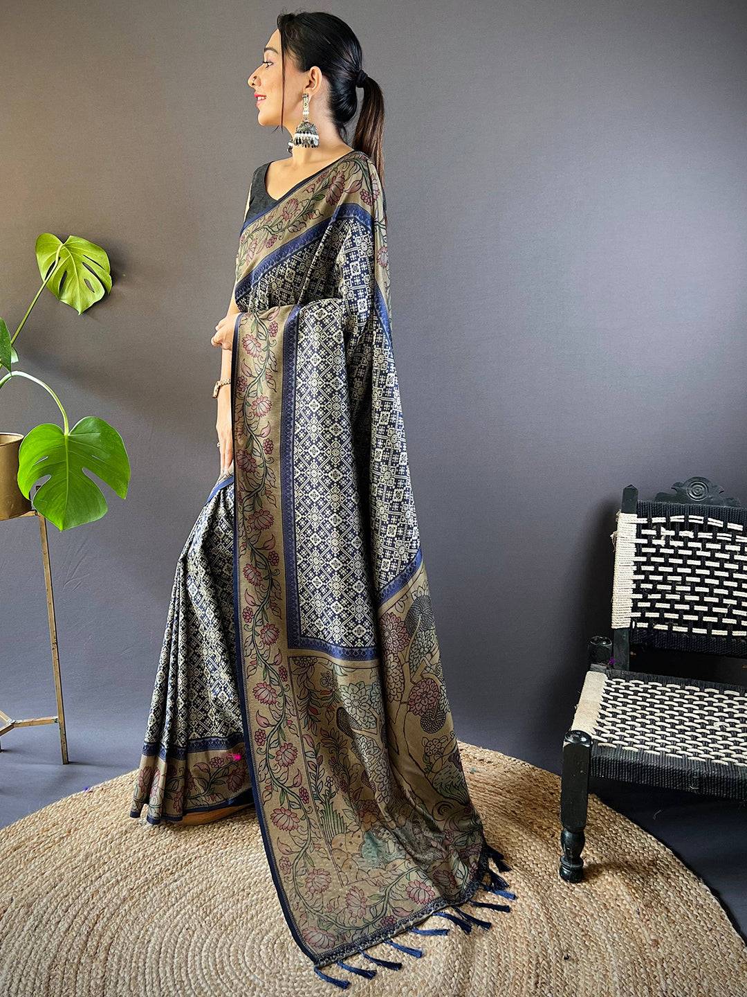 Navy Blue Patola And Kalamkari Fusion Saree by My Store