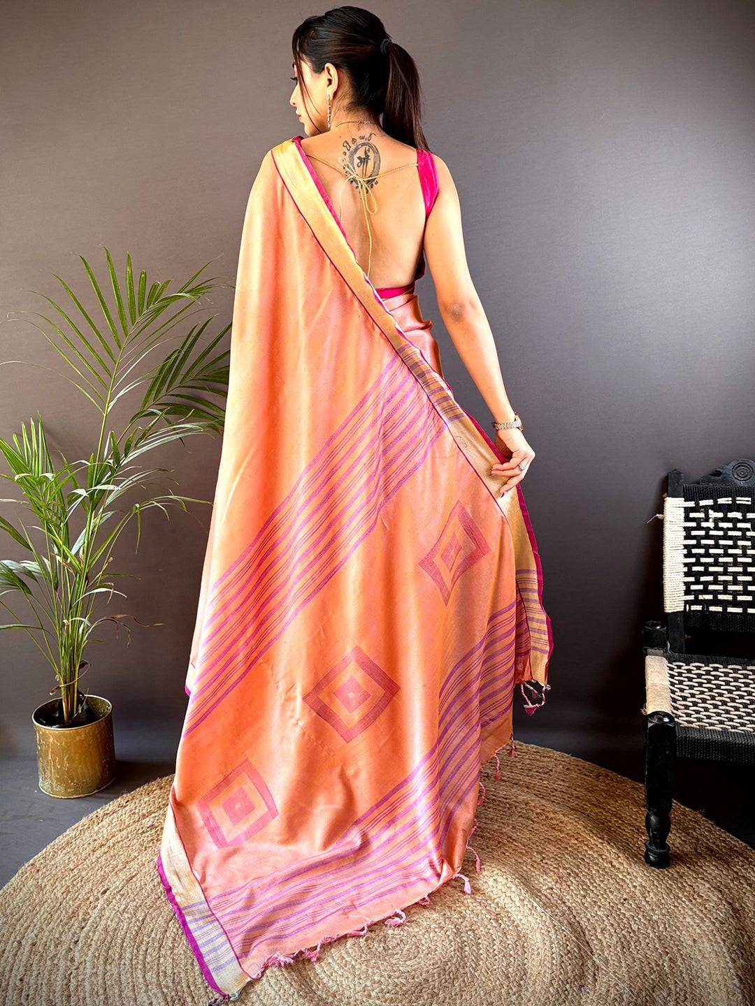 Peach Linen Zari Weaving Saree