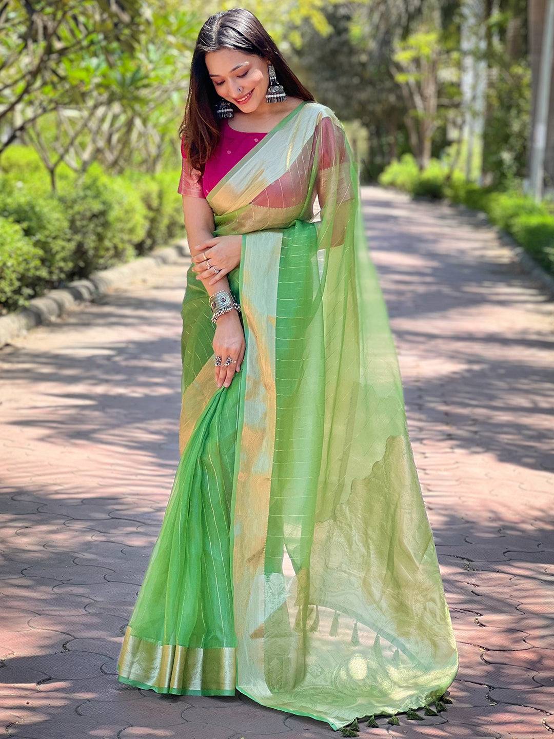 Green Pure Viscose Organza Saree With Fine Gold Zari Weaving Border by My Store