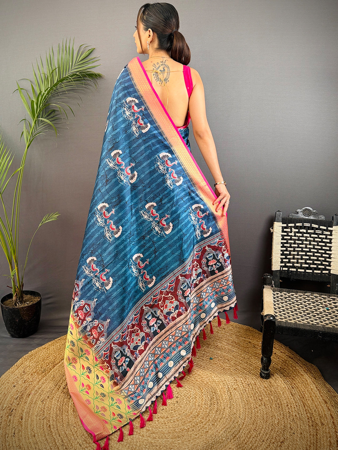 Dark Blue Freehand Digital Print Soft Silk Saree by My Store
