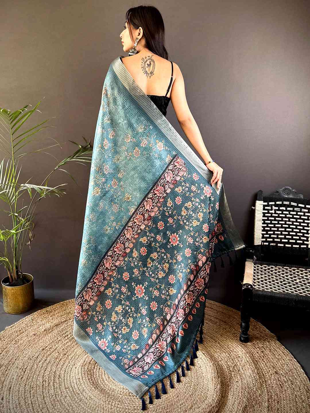Teal Blue Gold Zari Chanderi Phulkari Floral Saree by My Store