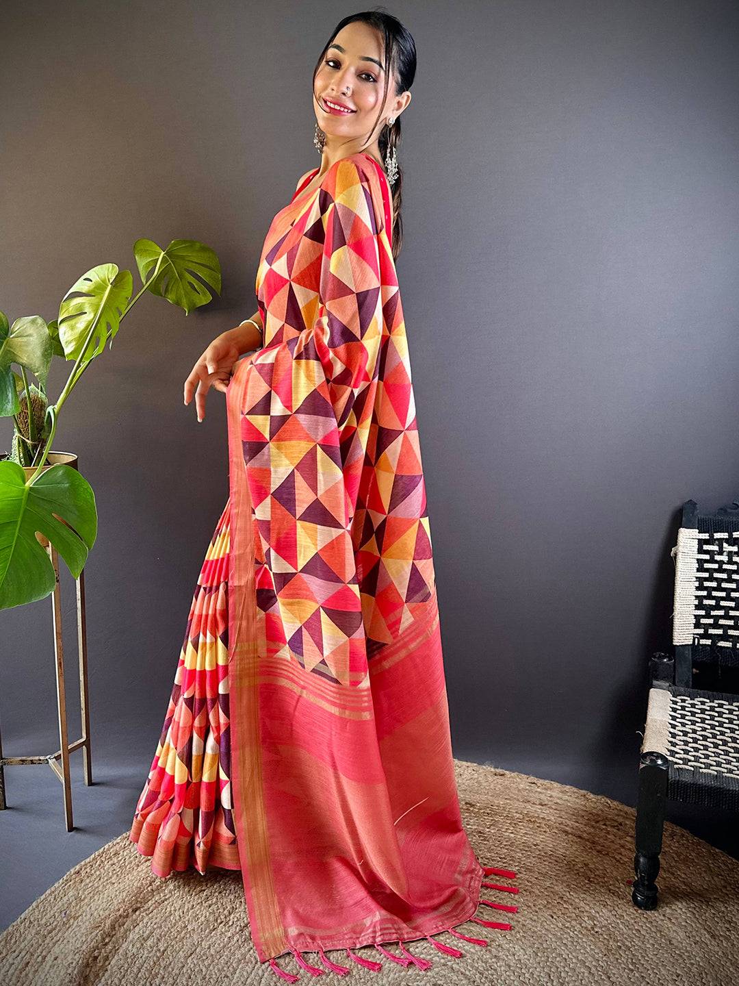 Geometric Linen Saree by My Store