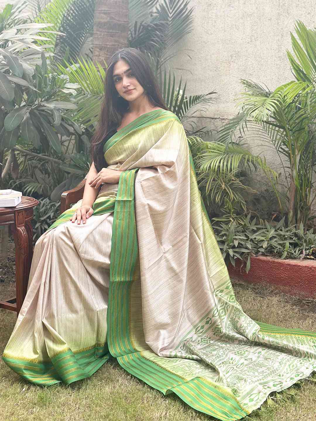 Ikkat Motifs and Paisley Prints on Ghicha Saree by My Store