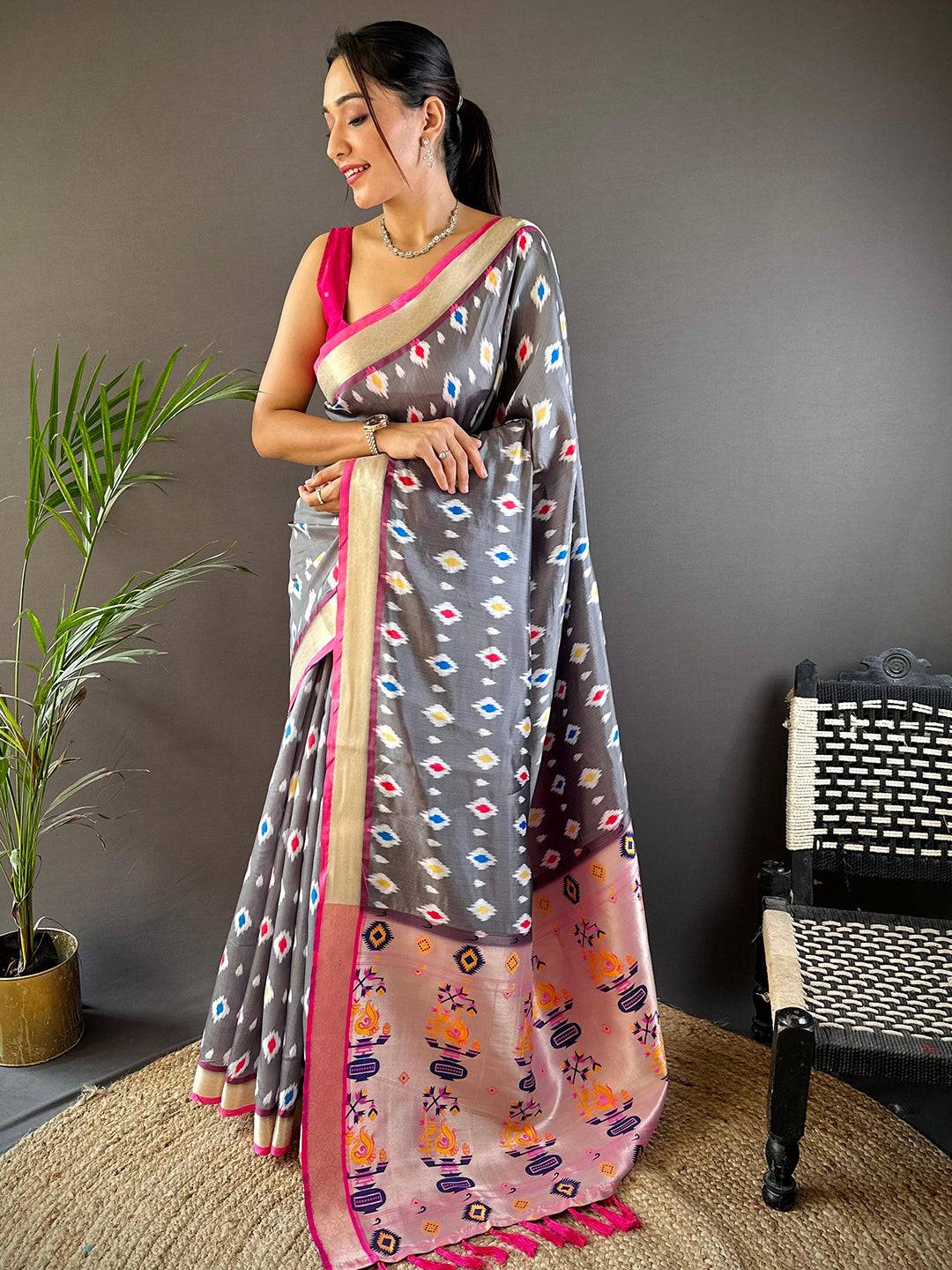 Grey Ikkat Paithani Soft Silk Saree by My Store