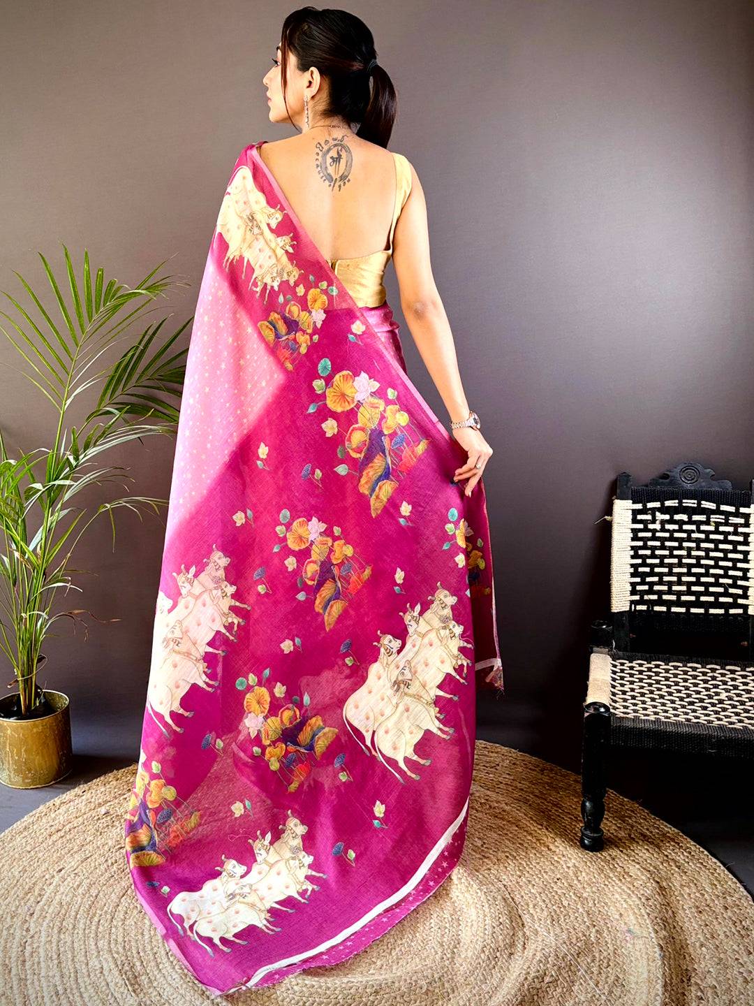 Pink Chanderi Pichwai Print Saree by My Store