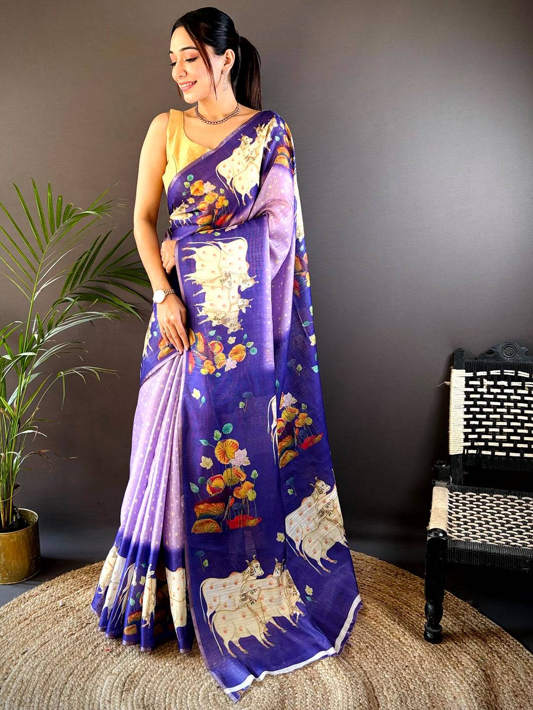 Purple Chanderi Pichwai Print Saree by My Store