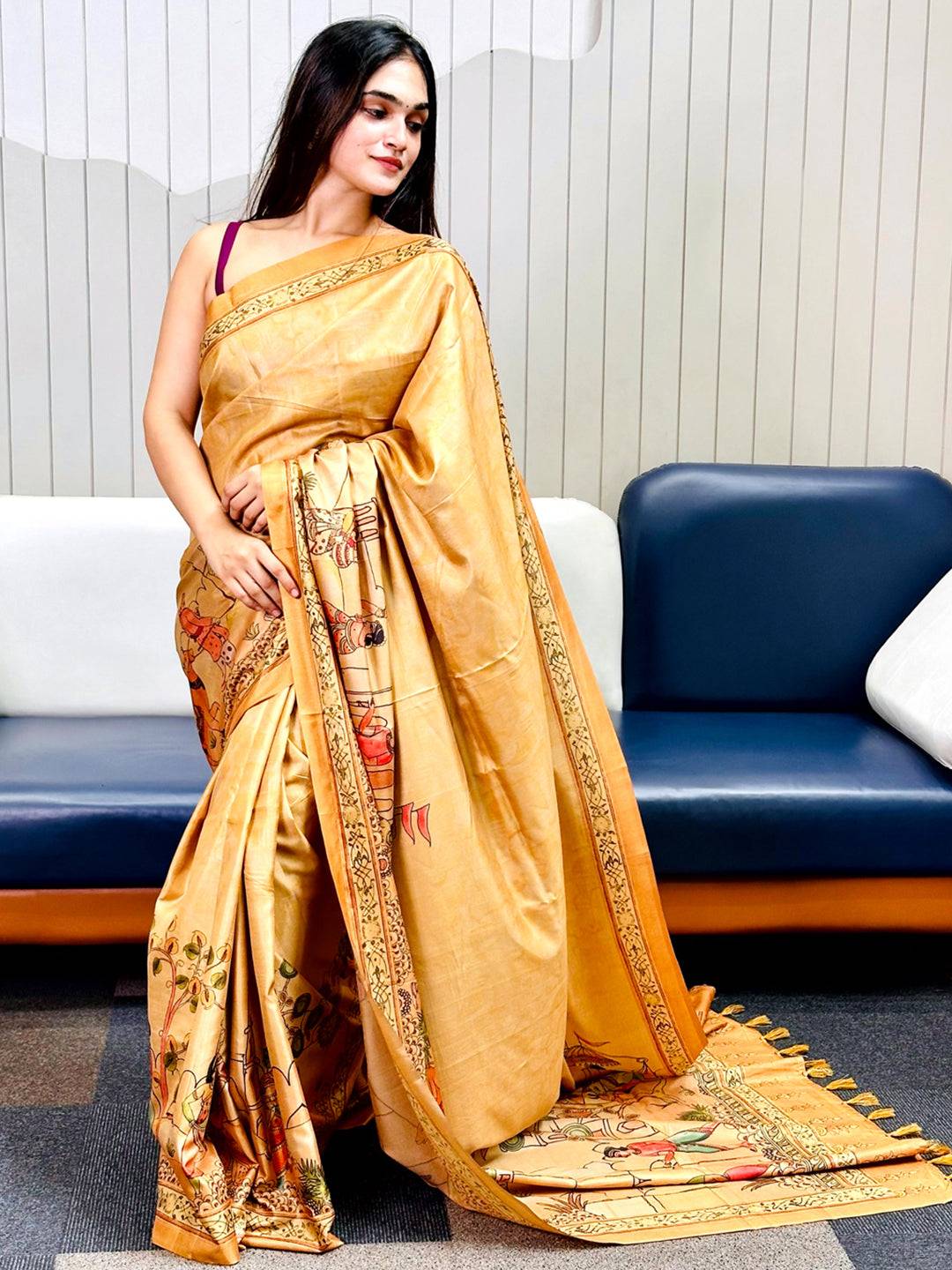 Gold Free Hand Kalamkari Print Saree by My Store