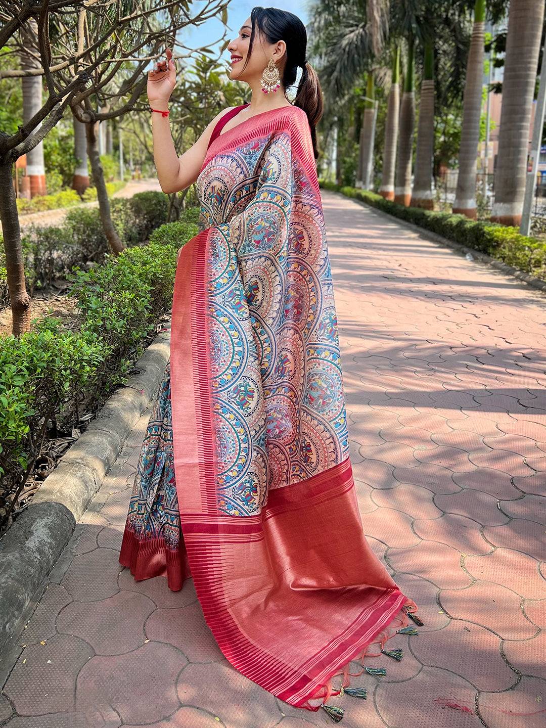 Latest Slub Tussar Silk Madhubani Kalamkari Block Print Saree by My Store