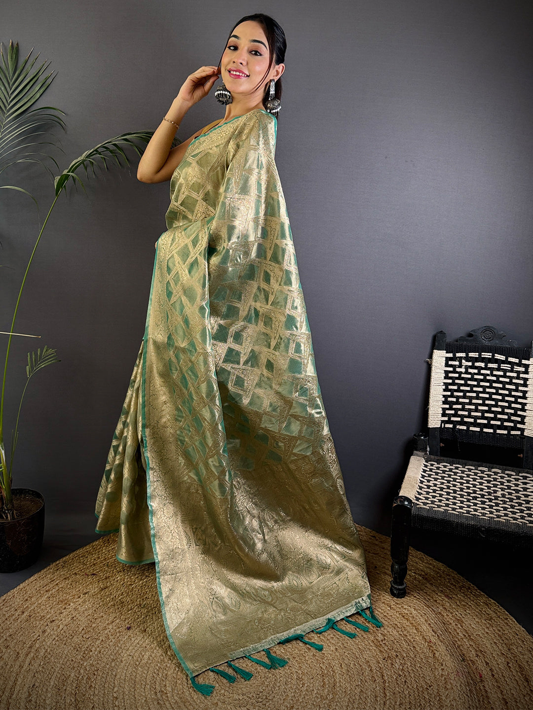 Green Tissue Jarokha Zari Weaving Saree by My Store
