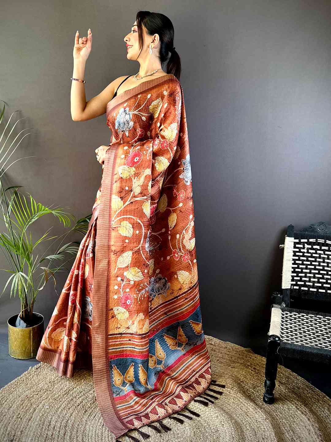 Brown Chex Kalamkari Floral Print Saree by My Store