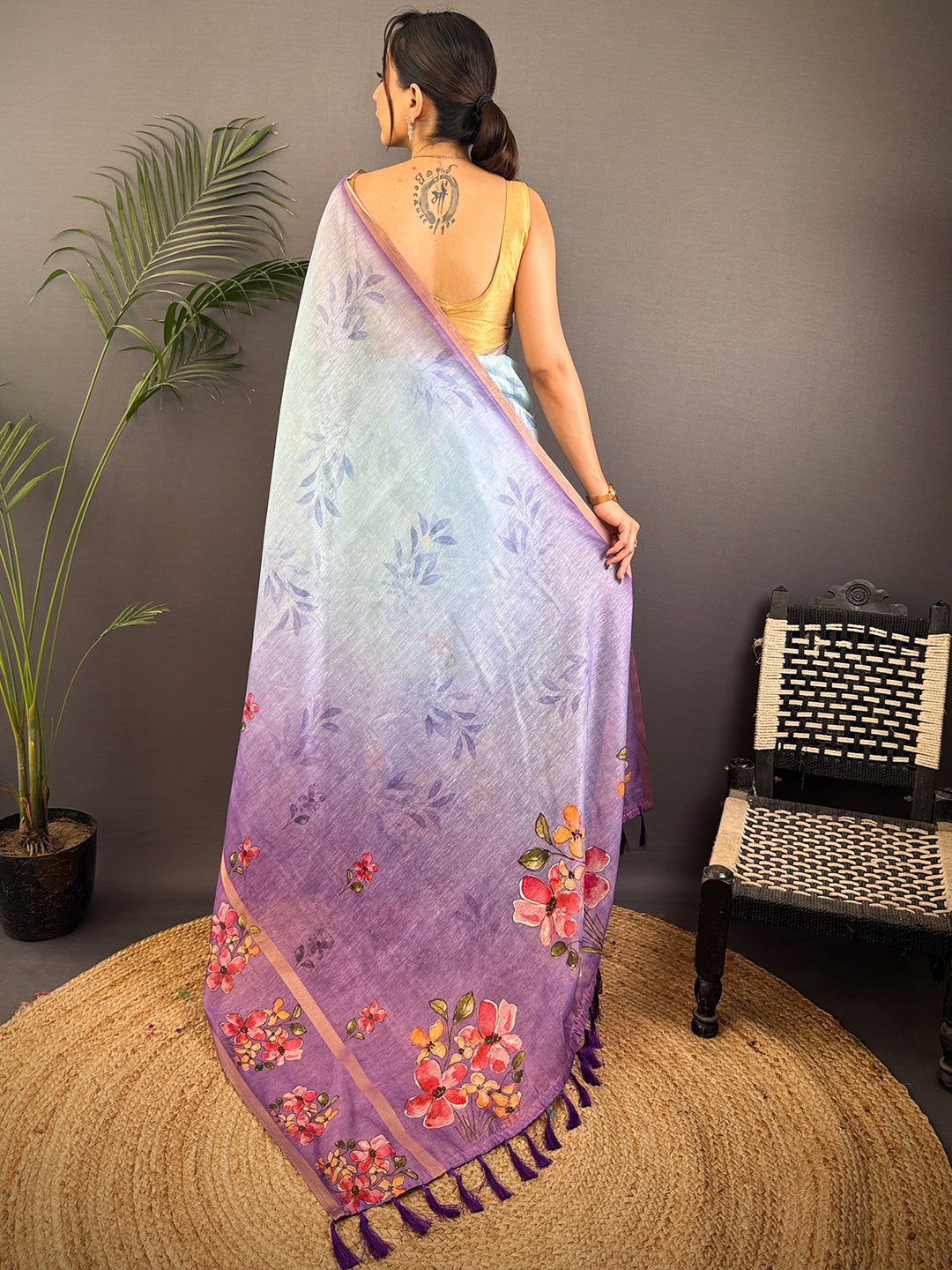 Sky Blue Linen Chanderi Floral Print Saree by My Store
