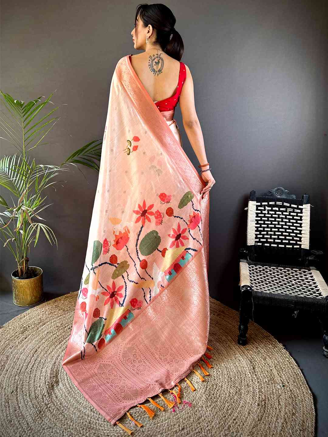 Peach Floral Gold Zari Slub Silk Saree by My Store