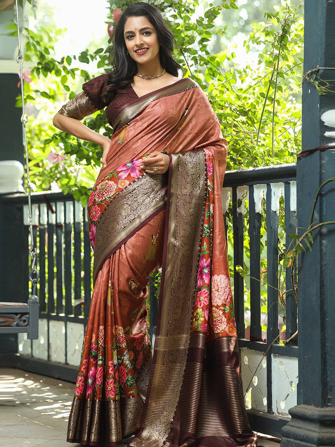 Brown Colour Pure Viscose Dola Silk Saree with Floral Print - Luxe by My Store