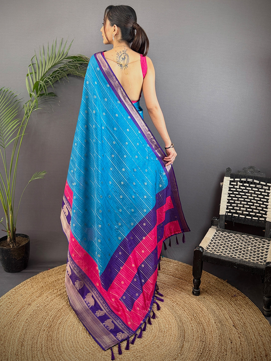 Sky Blue Soft Dola Silk Striped Print Saree by My Store