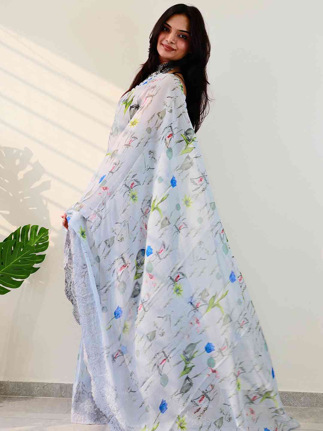 Soft Chiffon Satin Saree with Cut Work Embroidered Boder by My Store