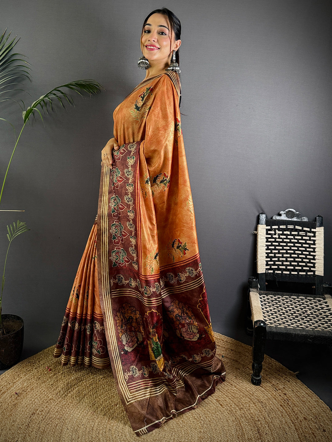 Rust Soft Dola Silk Printed Saree by My Store