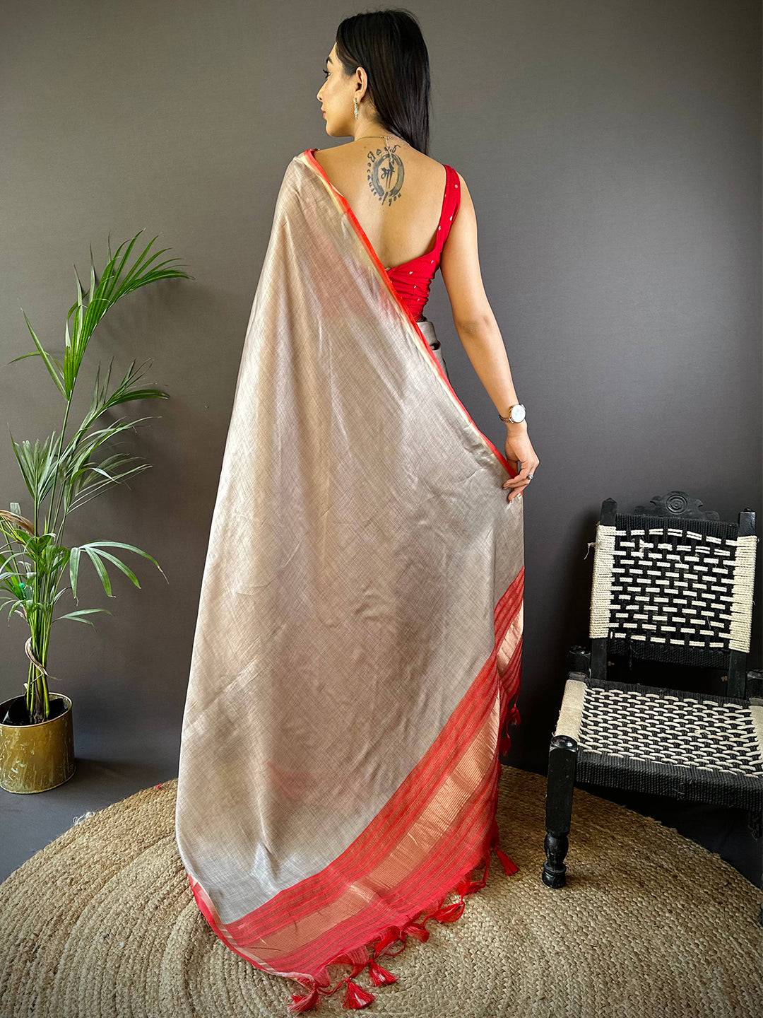 Radiant Ember Satin Tissue Saree by My Store