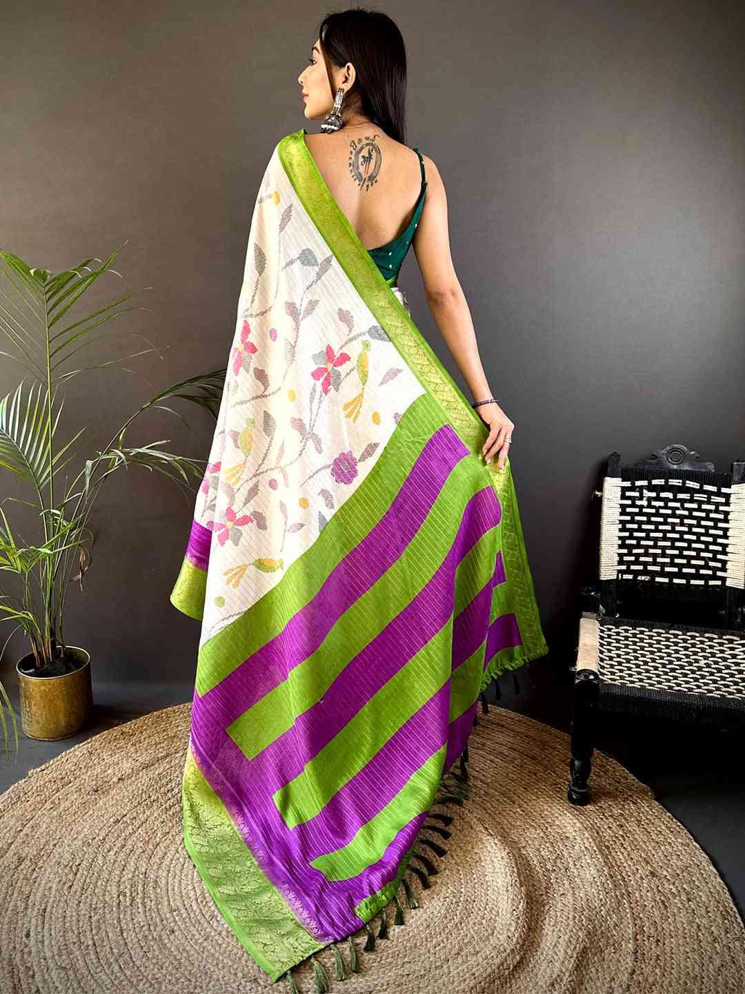Green Dola Silk Bird Print Saree by My Store