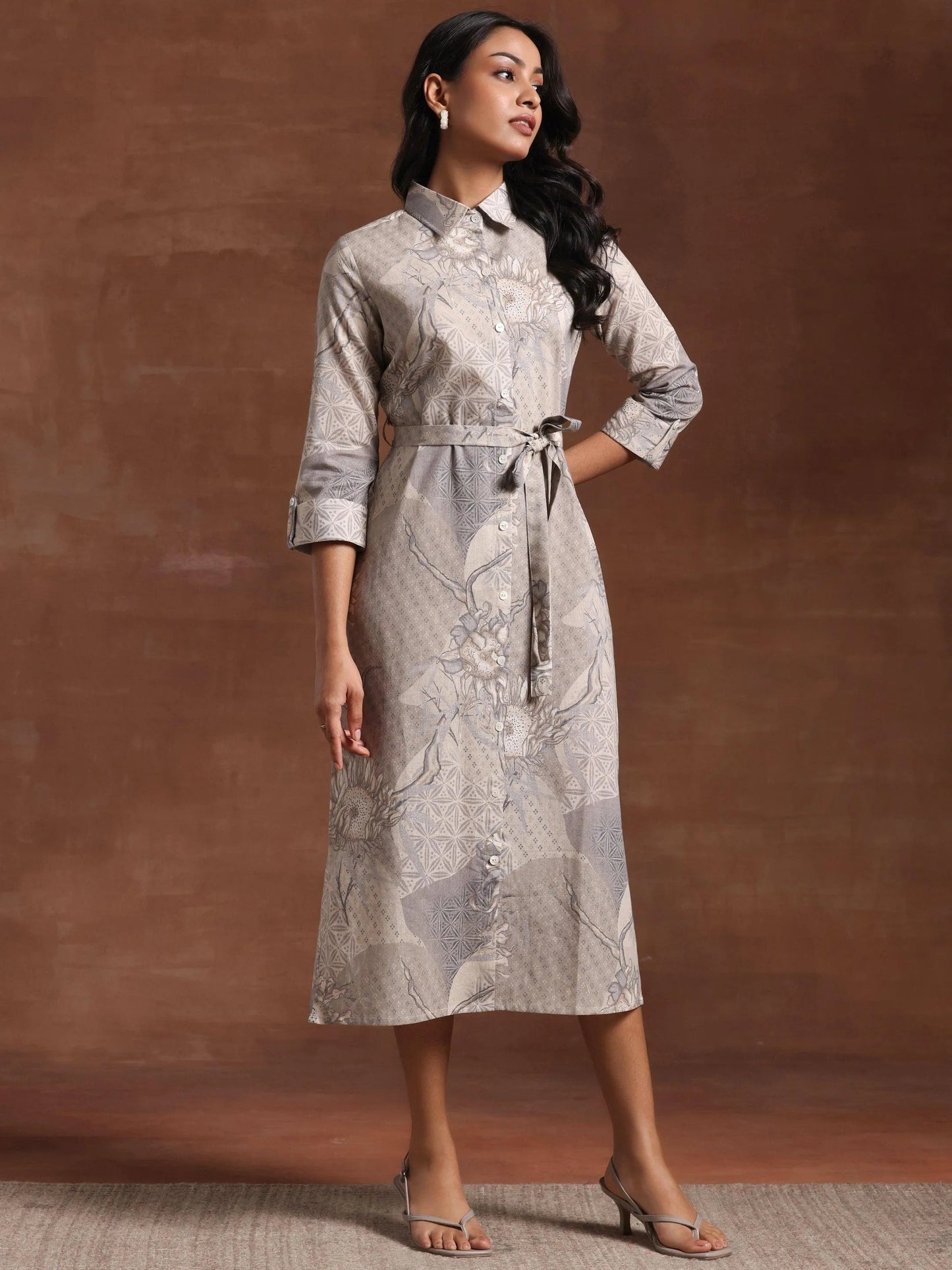 Off White Printed Cotton Blend Shirt Dress