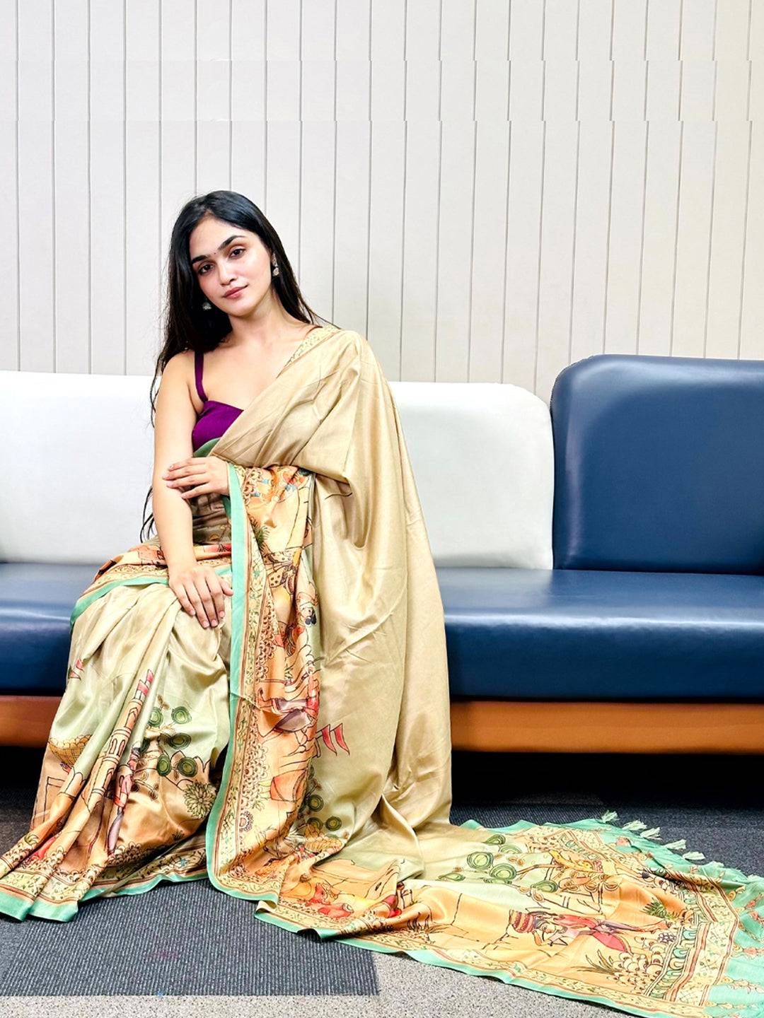 Green Free Hand Kalamkari Print Saree by My Store