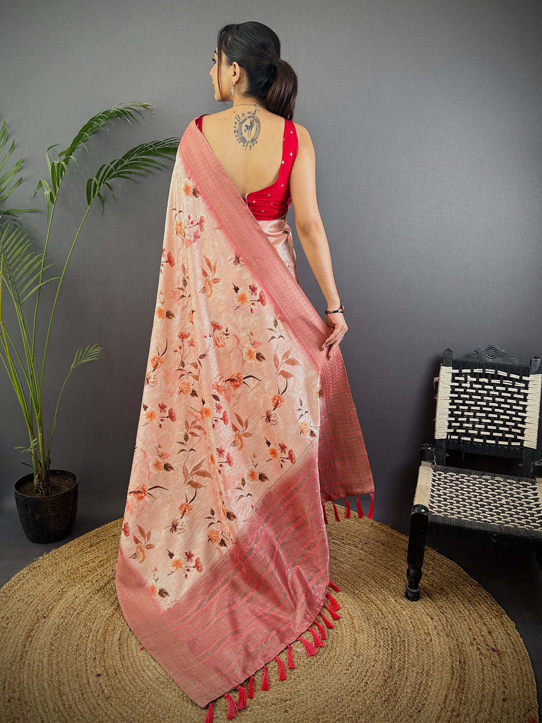 Peach Digital Print Soft Dola Silk Saree by My Store