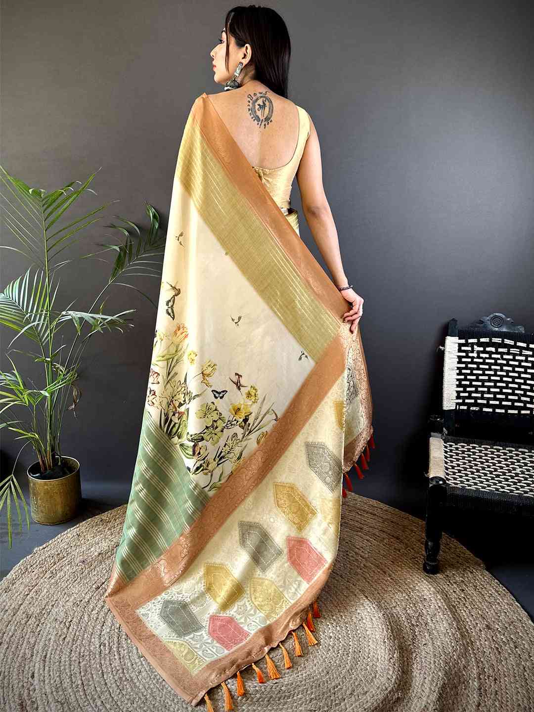 Pastel Cream Soft Crepe Silk Digital Ombre Saree by My Store