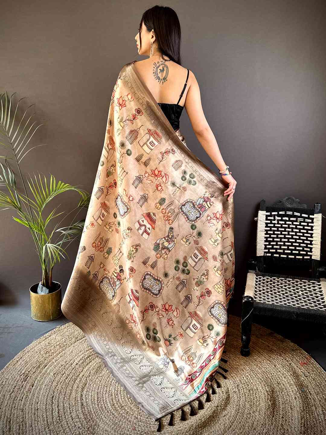 Soft Silk Kalamkari Print Saree In Peach by My Store