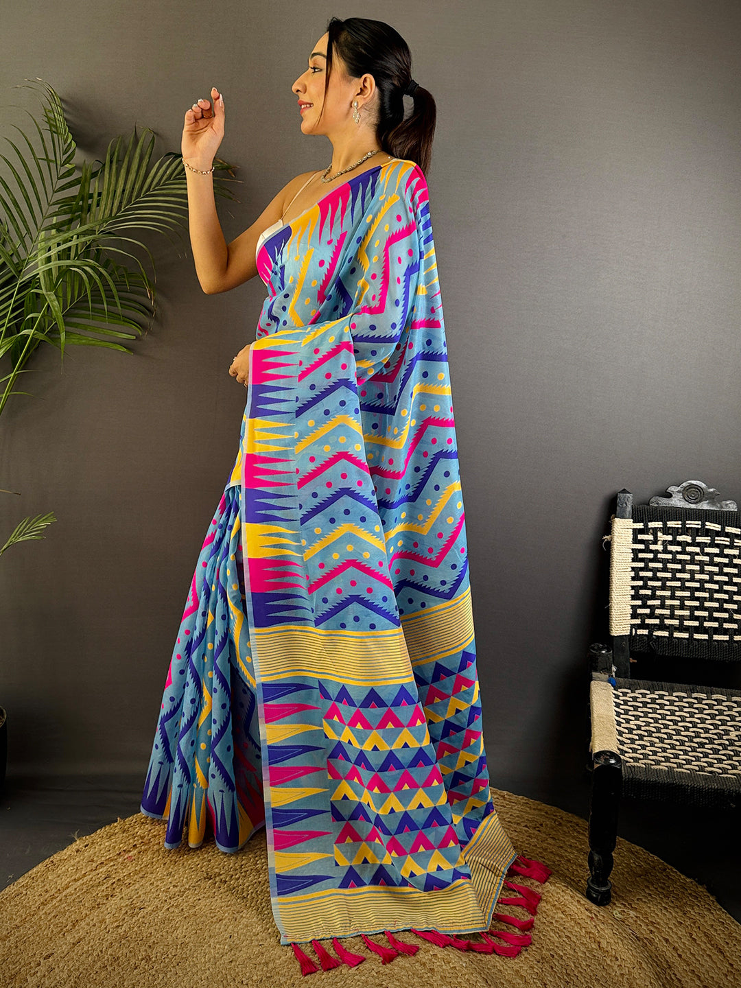 Royal Sky Blue Dhakai Cotton Jamdani Saree by My Store
