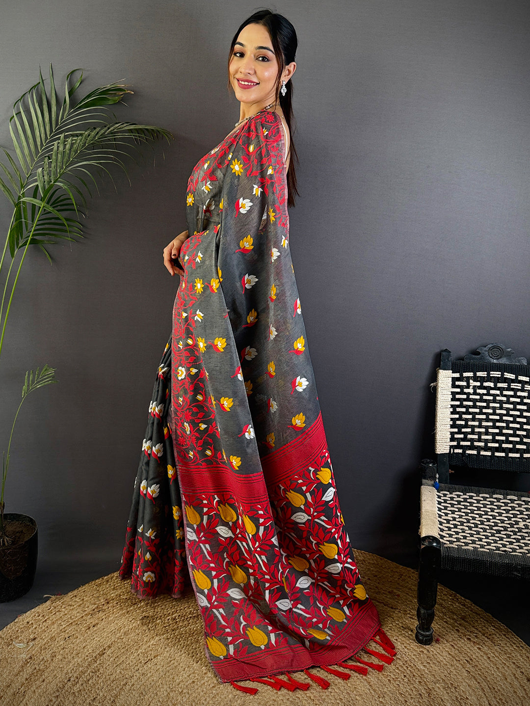 Royal Grey Dhakai Cotton Silk Saree by My Store