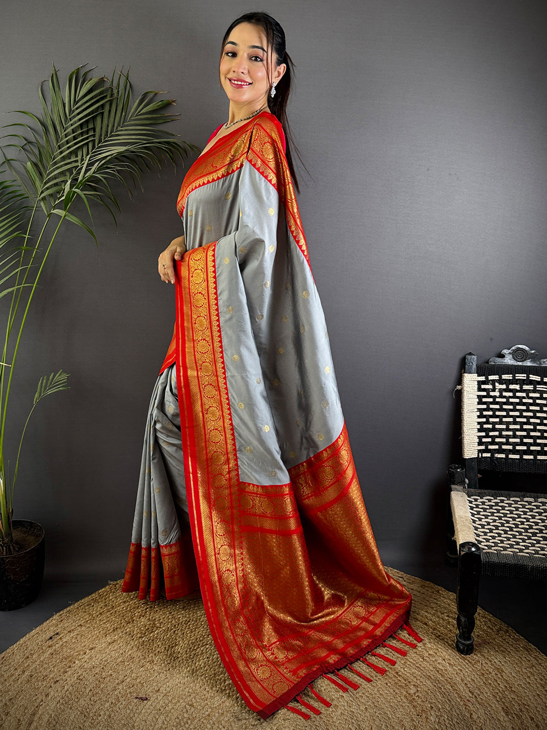 Regal Grey Gold Zari Butta Saree by My Store