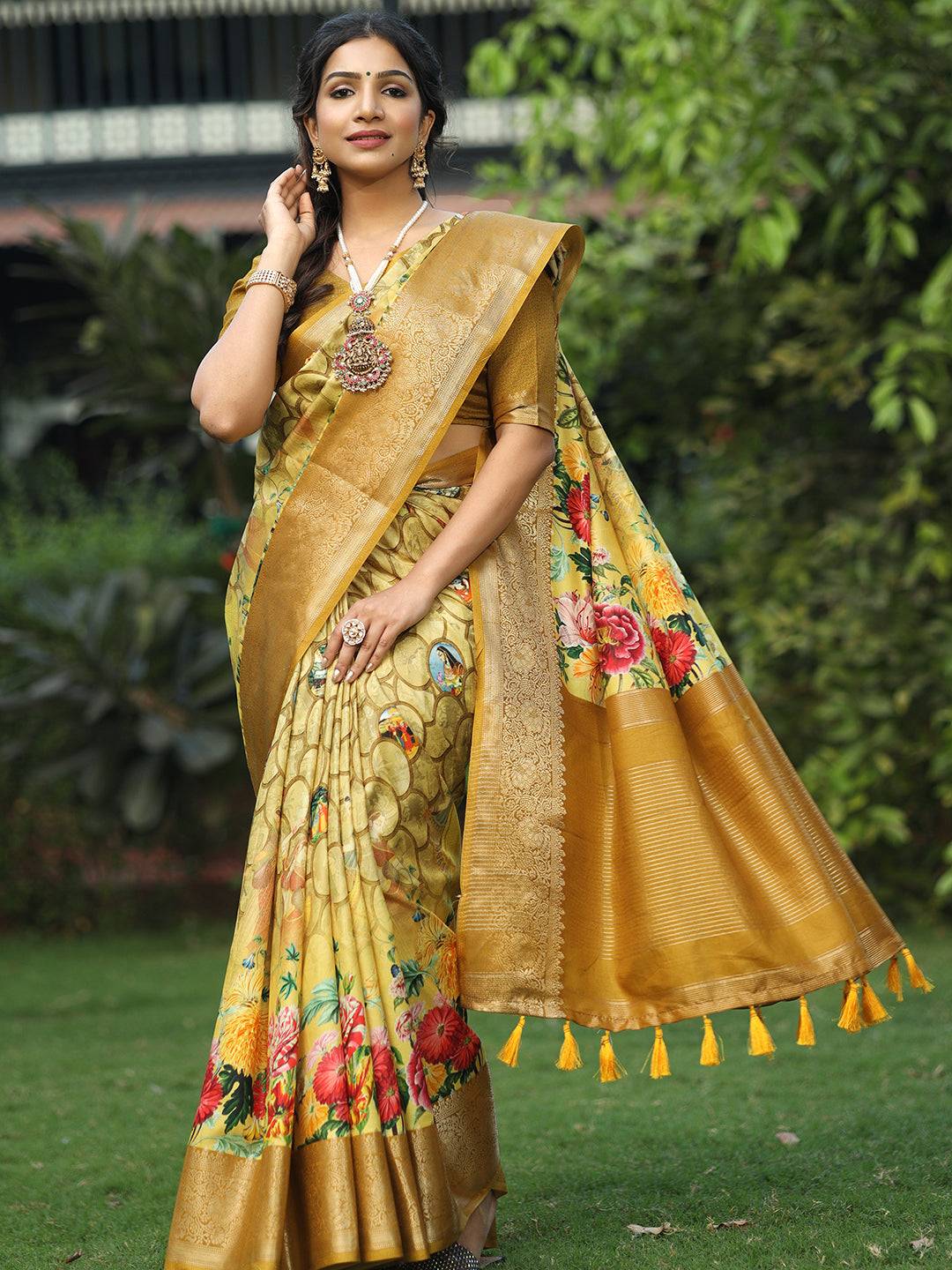 Yellow Colour Pure Viscose Dola Silk Floral & Mughal Print Saree - Luxe