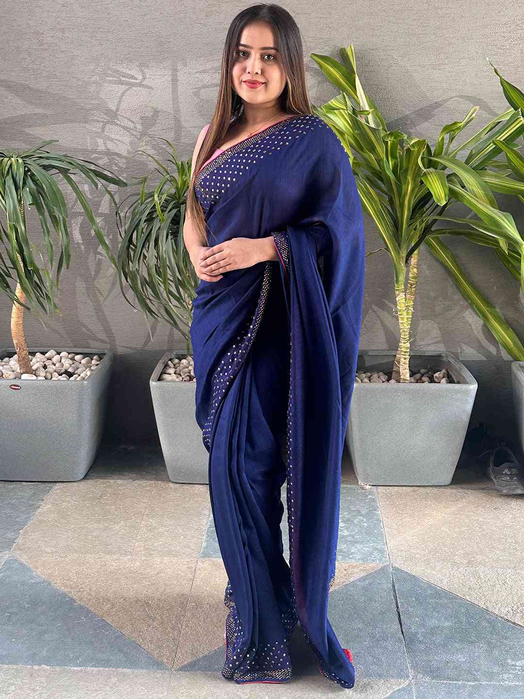 Navy colour Vichitra Silk Saree With Embellish Swarovski Stone work by My Store