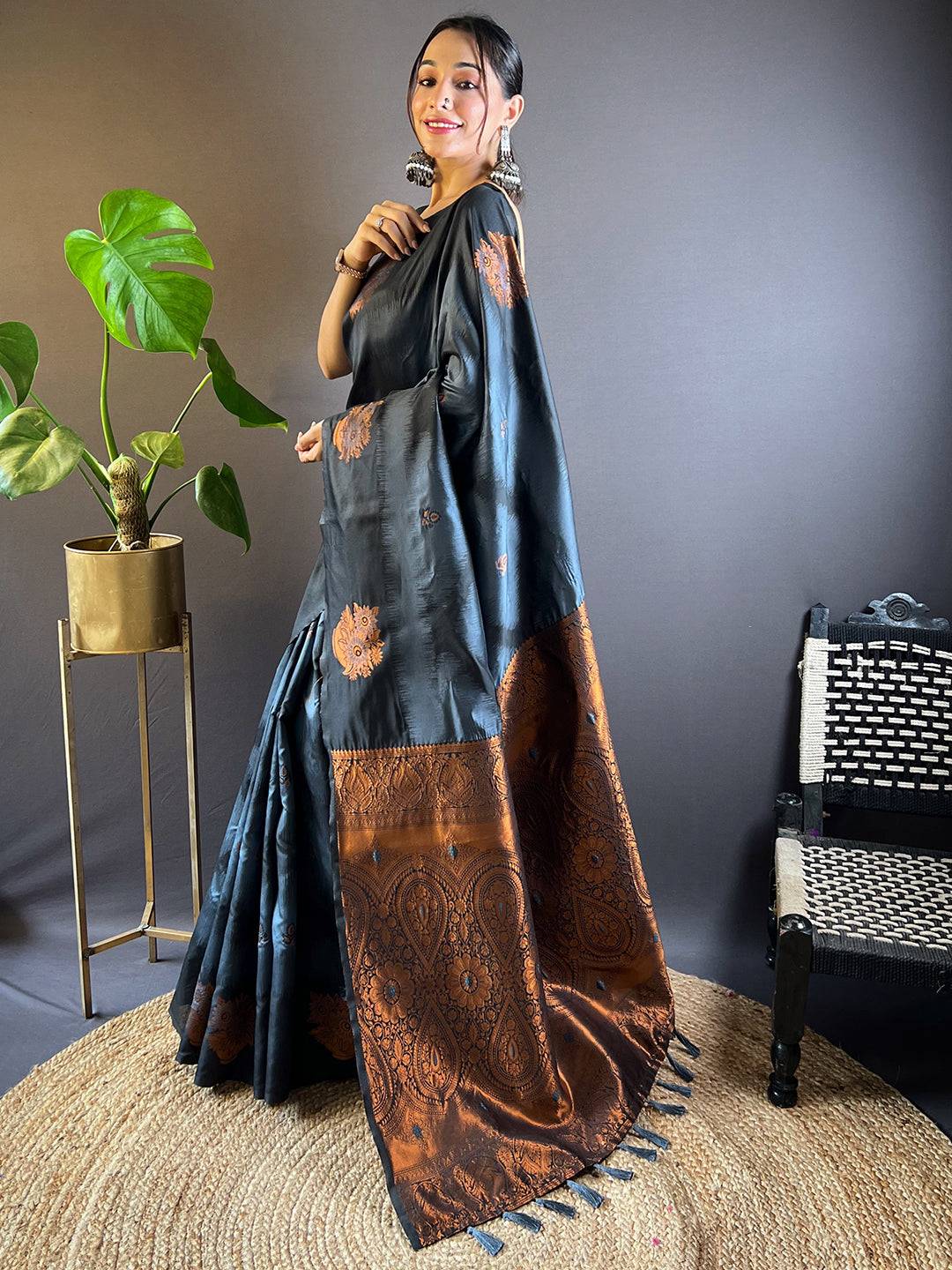 Black Tussar Silk Ikkat Weaving Saree