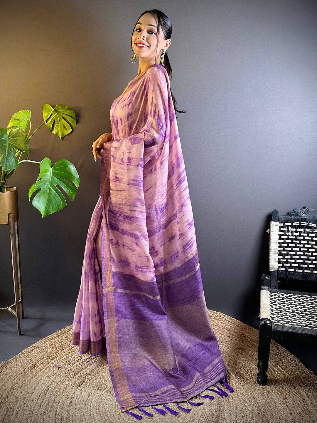 Iris Shibori Print Linen Saree by My Store