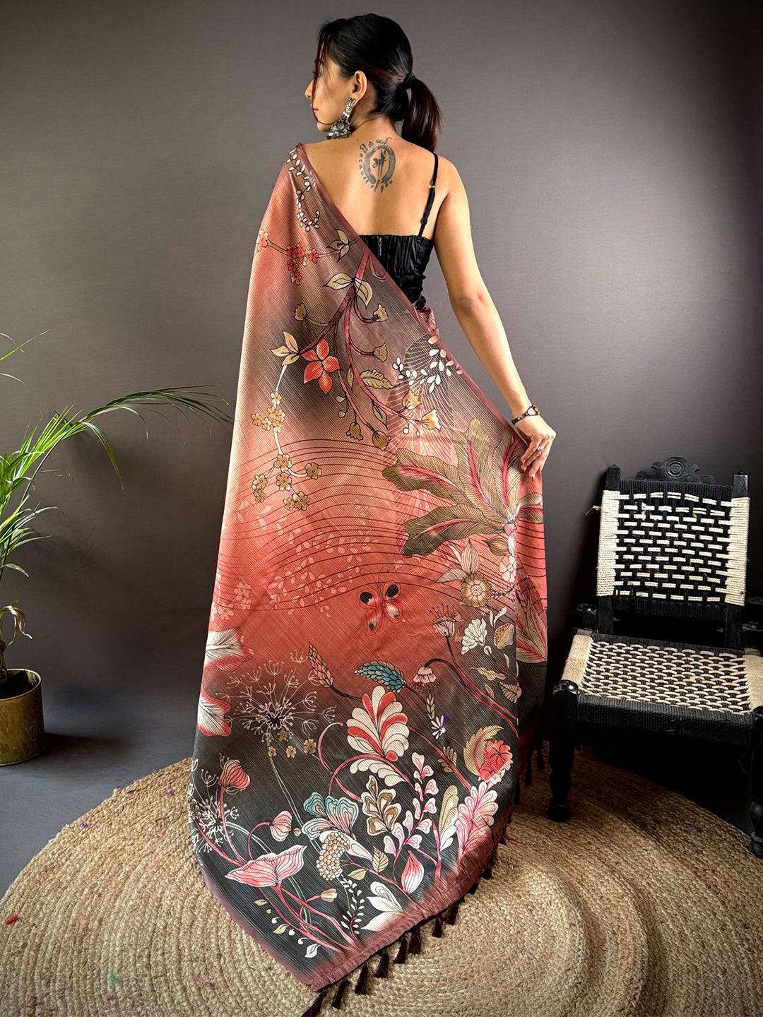 Rust Semi Gold Zari Botanical Tussar Saree by My Store