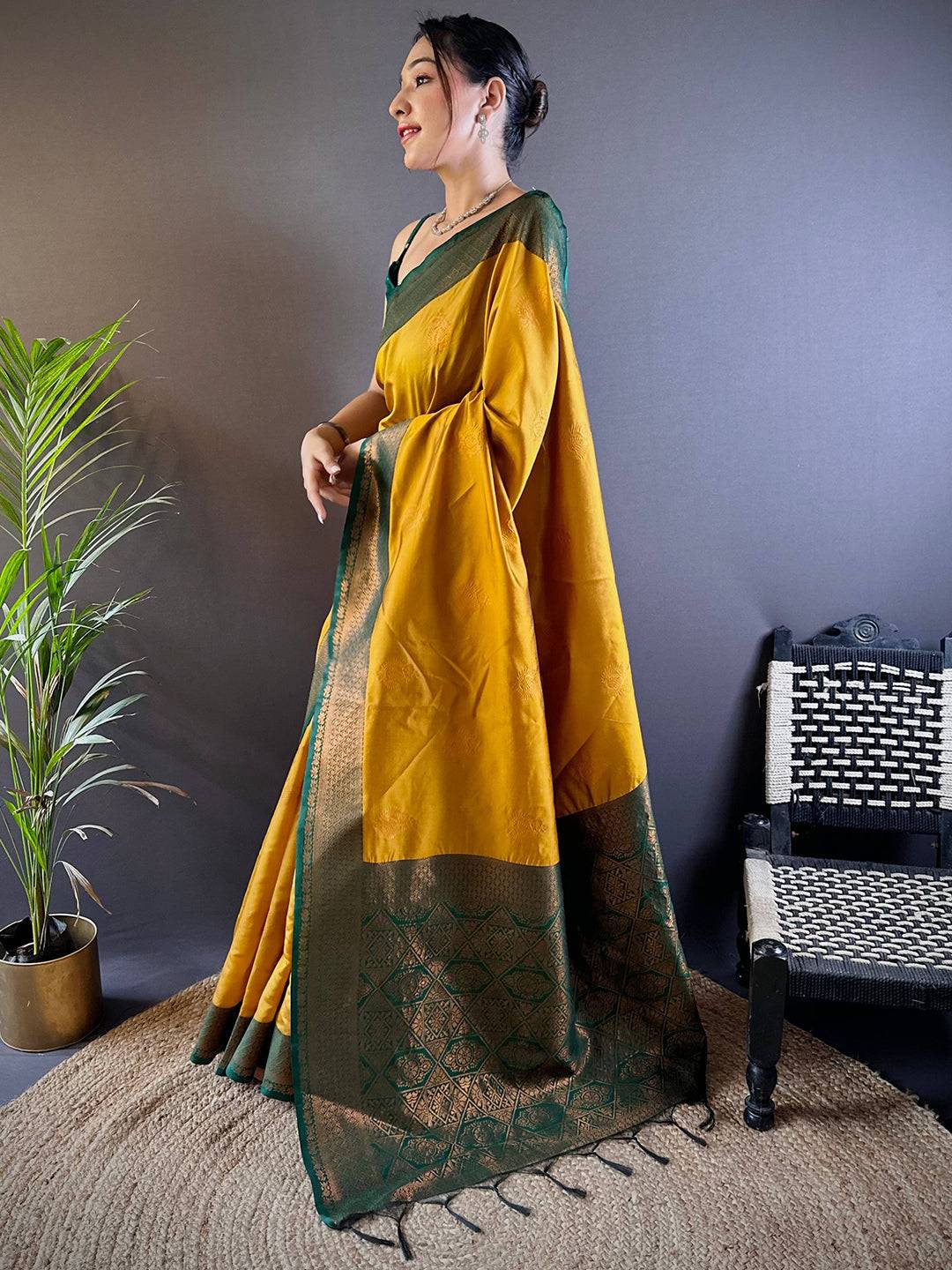 Elegant Yellow Silk Saree With Gold Zari Motifs by My Store