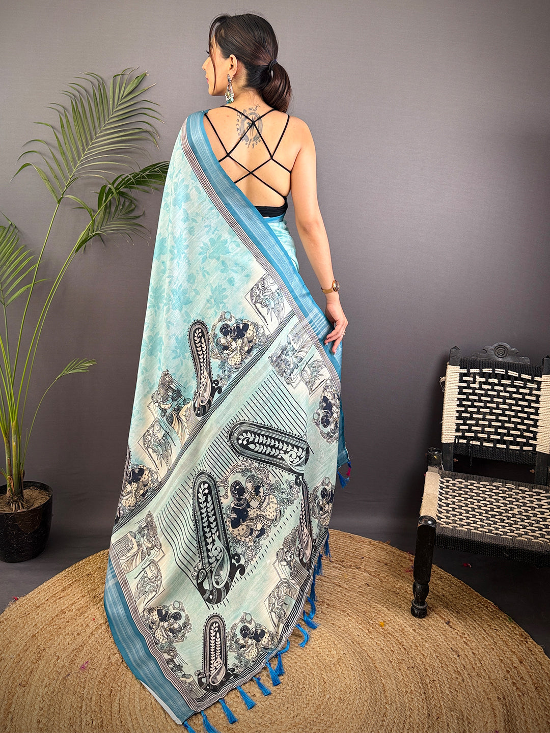 Sky Blue Linen Kalamkari Printed Saree by My Store