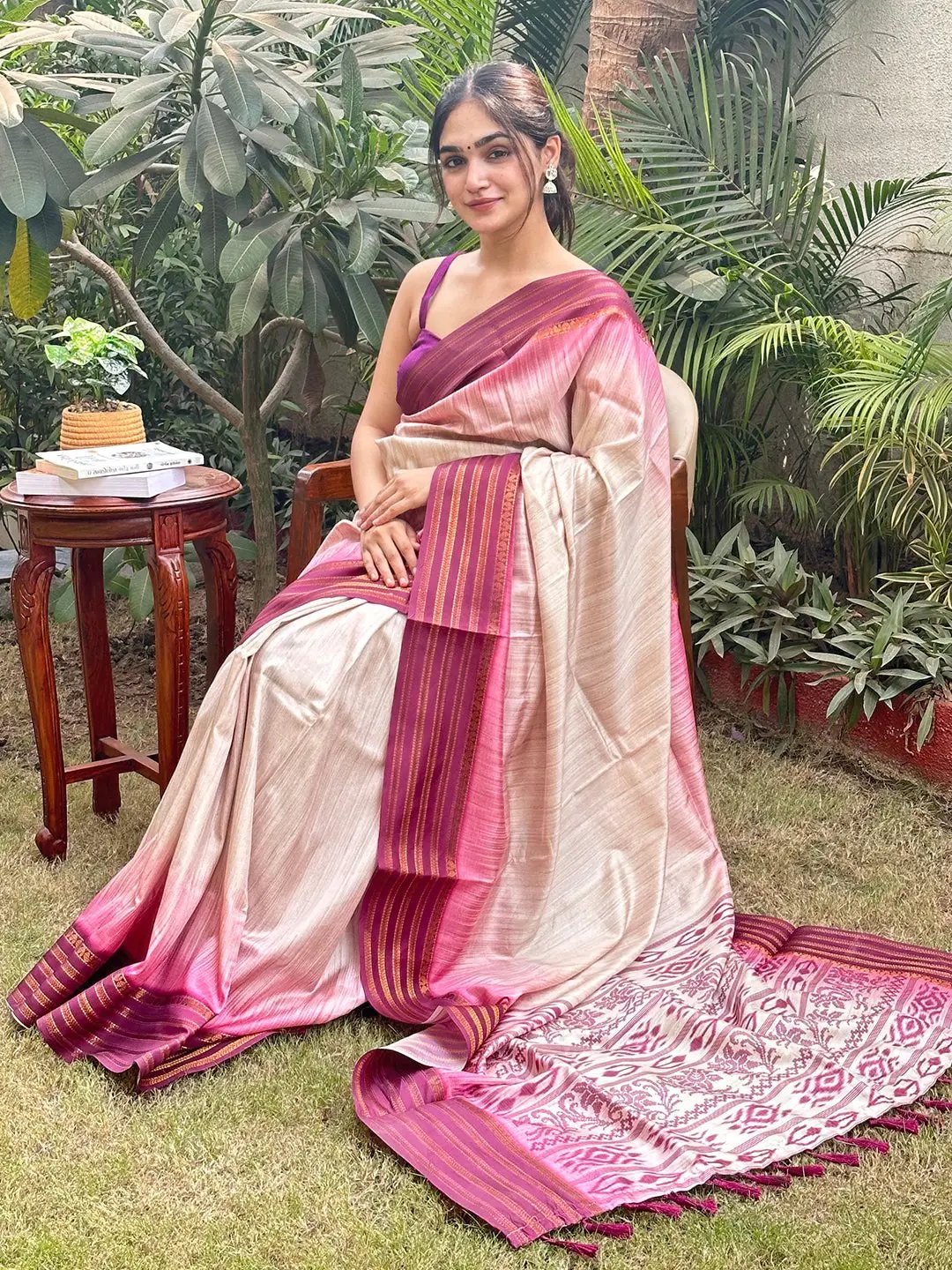 Ikkat Motifs and Paisley Prints on Ghicha Saree by My Store