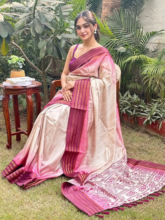 Ikkat Motifs and Paisley Prints on Ghicha Saree by My Store