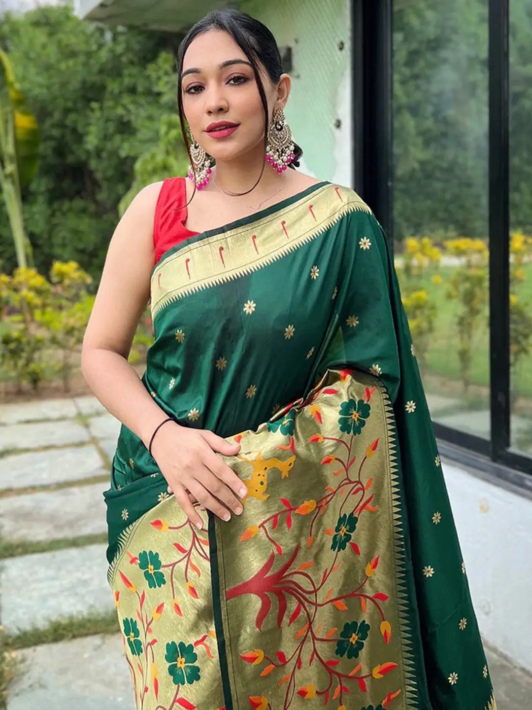 Dark Green Colour Paithani Big Border Woven Saree by My Store