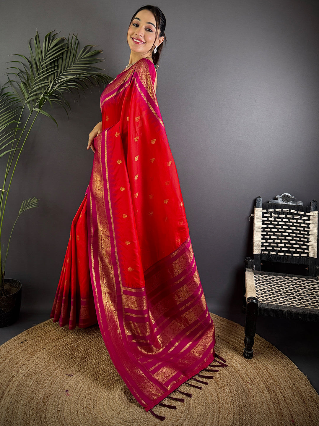 Rose Red Gadwal Border Soft Silk Saree by My Store