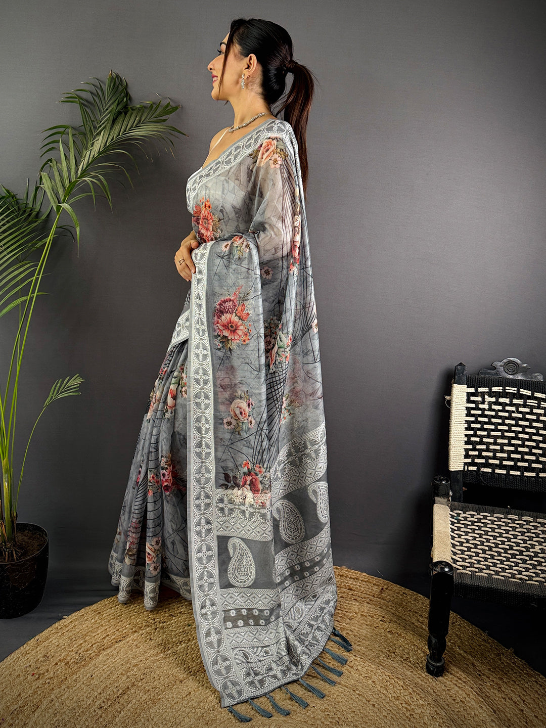 Grey Lakhnavi Linen Digital Print Saree by My Store