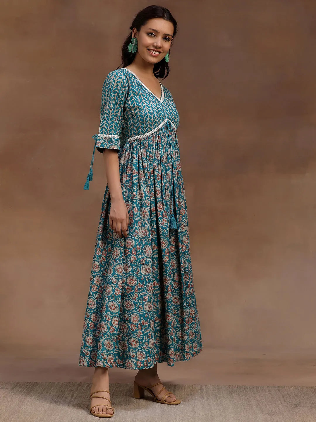 Green Printed Cotton Fit and Flare Dress by My Store