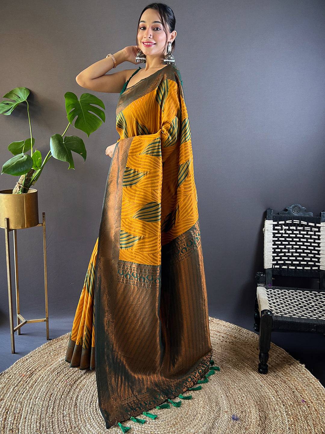 Mustard Tussar Silk Zari Weaving Ikkat Saree by My Store