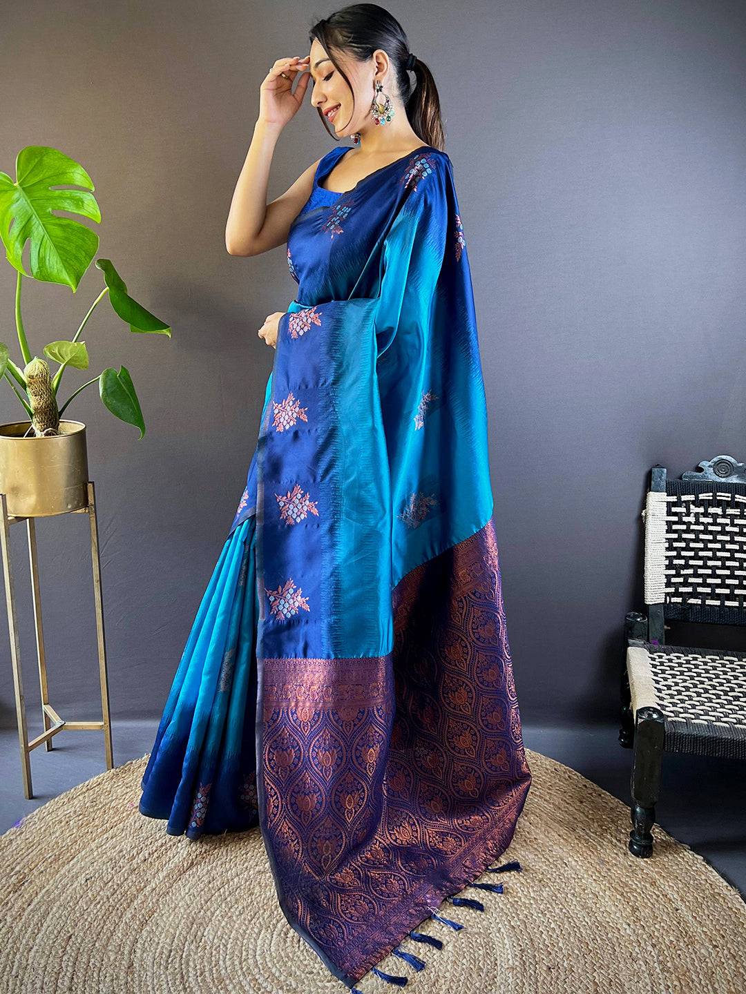 Royal Blue Sami Banarasi Tussar Silk Saree by My Store
