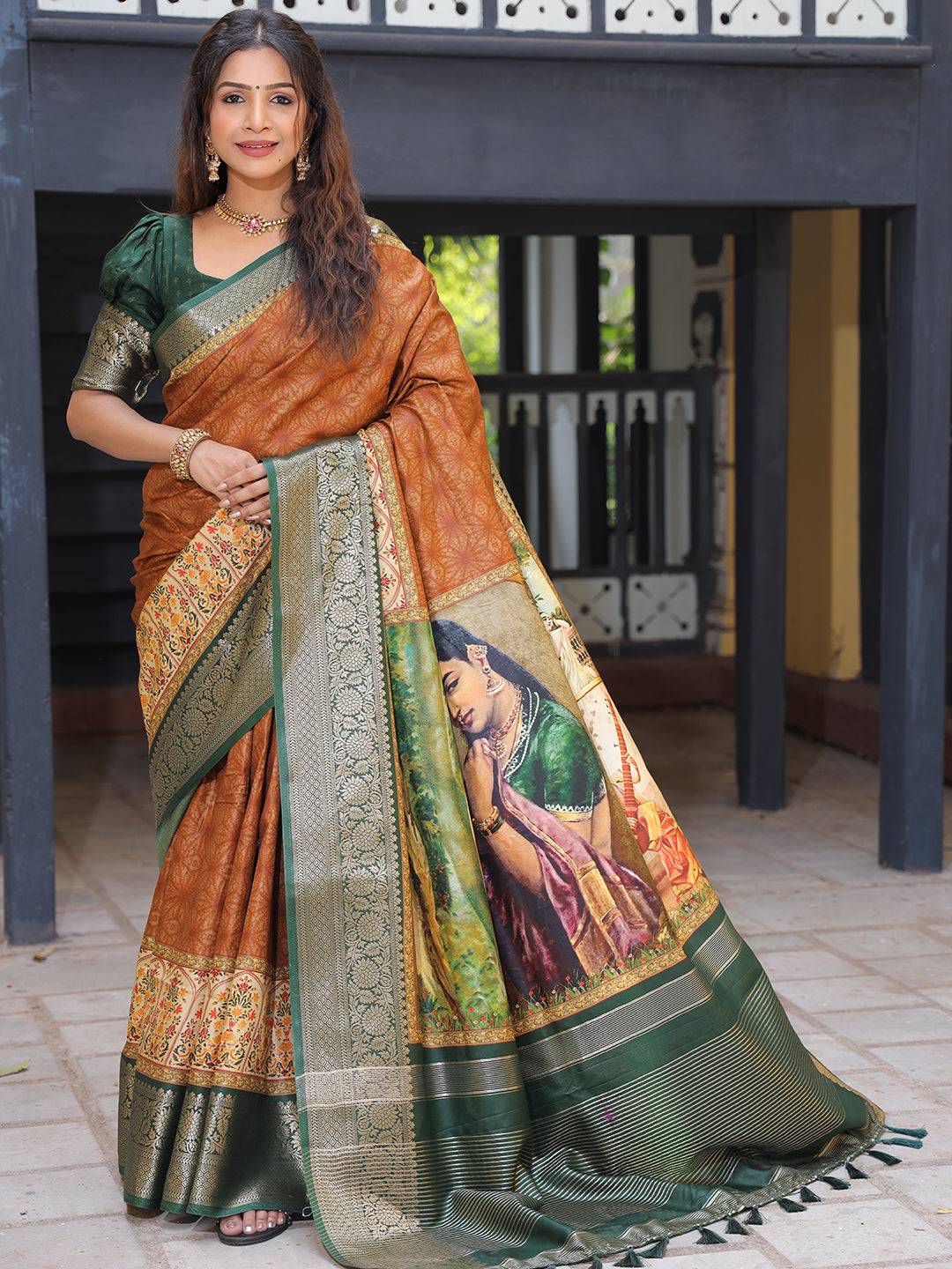 Brown Pure Viscose Dola Silk Saree With Kalamkari And Mughal Print - Luxe by My Store